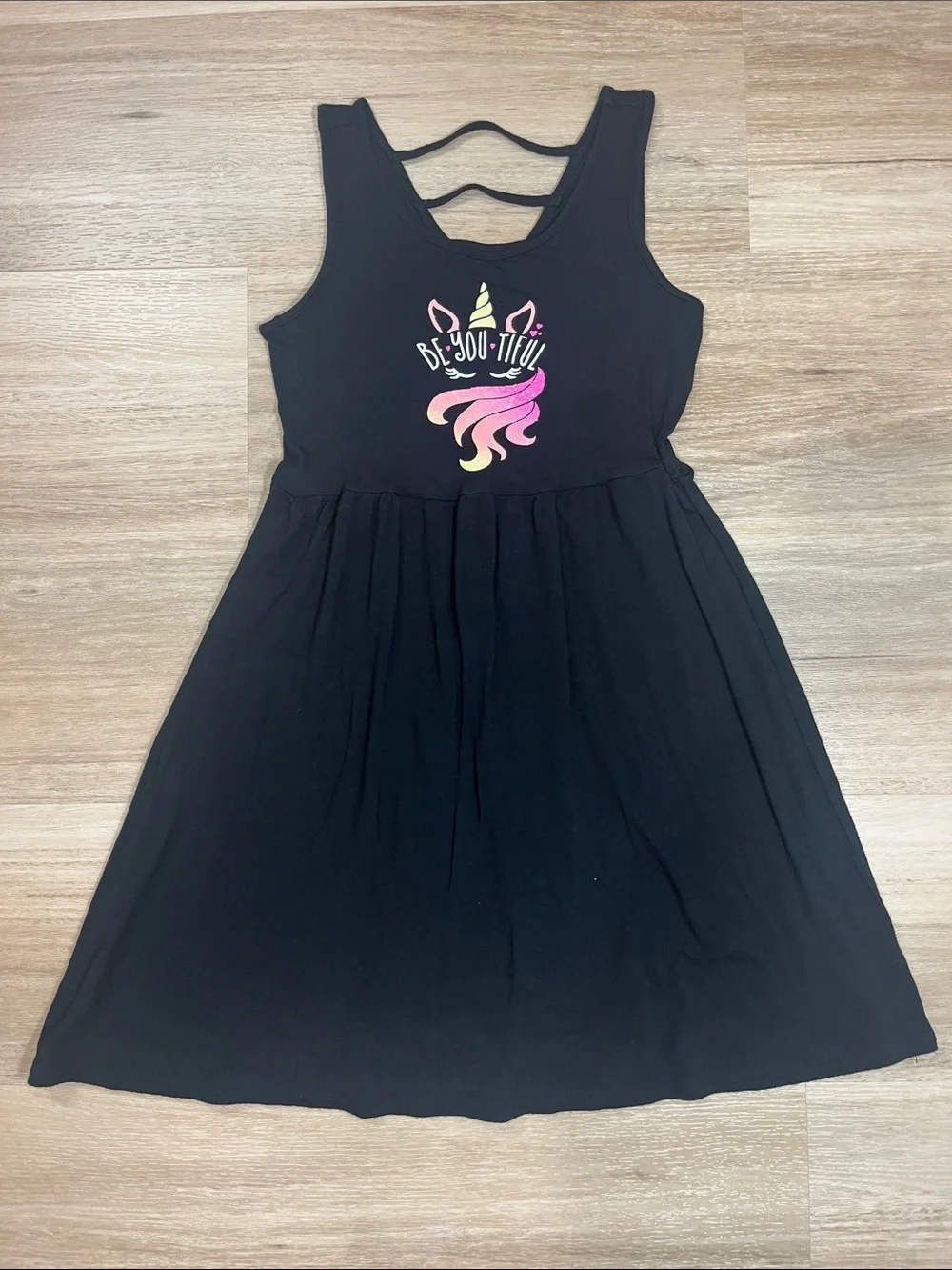 Justice Girls Black Sleeveless Tank Dress with Unicorn Be-YOU-tiful, size 6/7